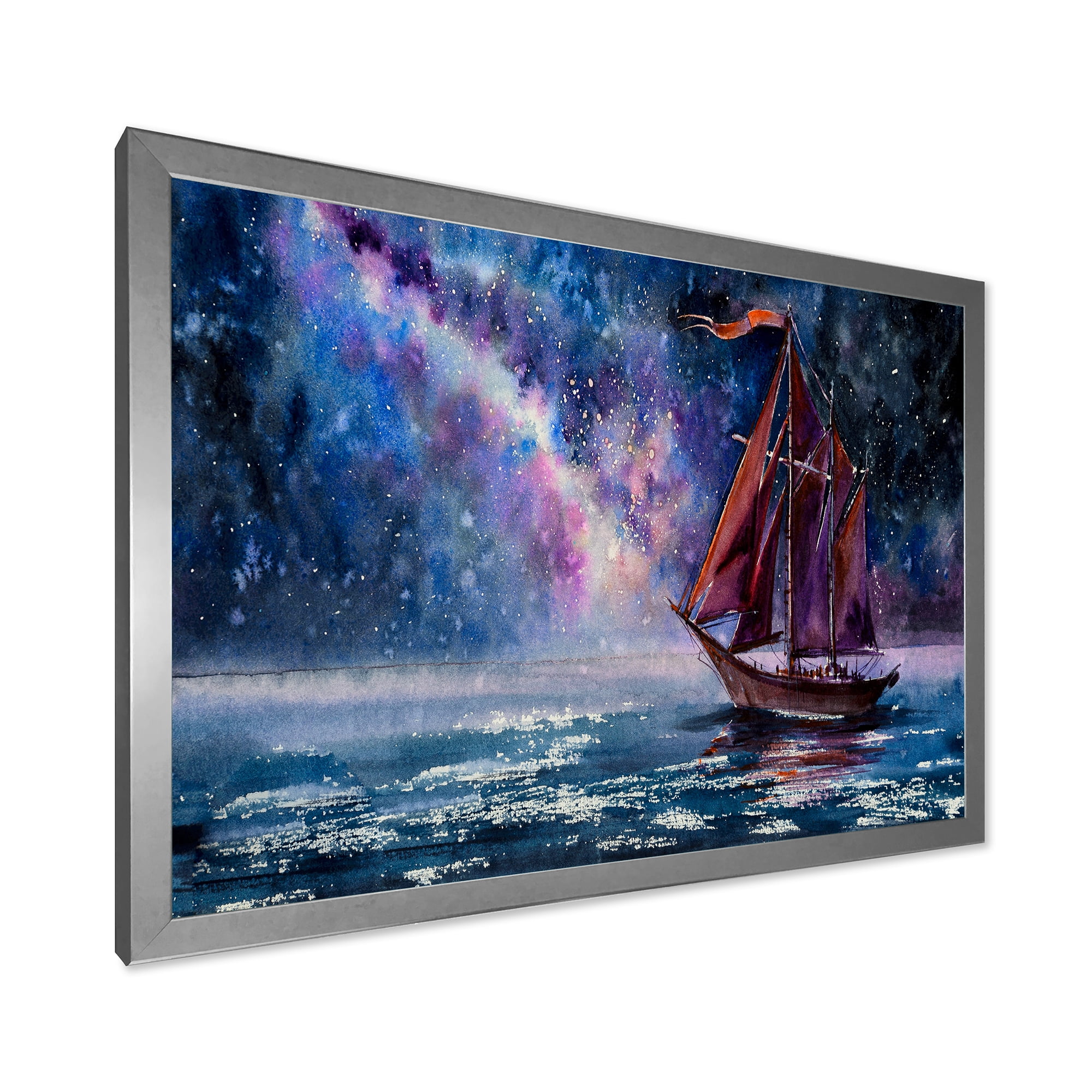 Designart 'Red Sails & Bright Night Sky With Wooden Sailboat' Nautical & Coastal Framed Art Print