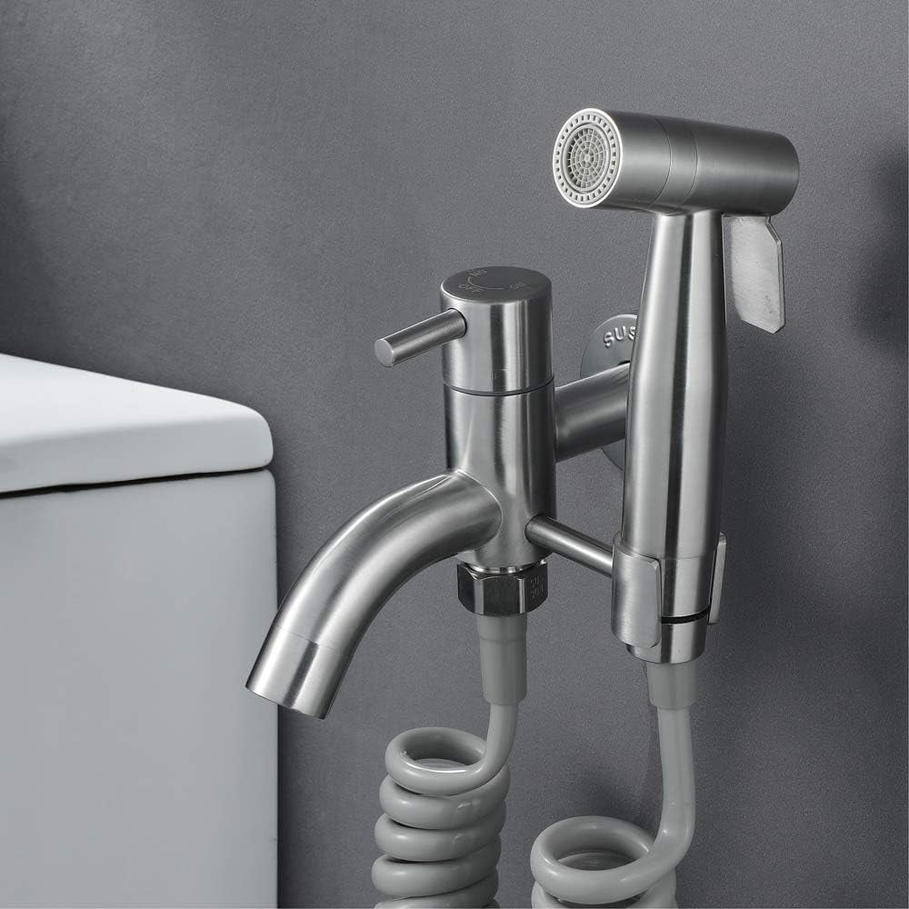 Bidet Sprayer with Two Water Flow Modes Brushed Stainless Steel Portable Cloth Diaper Washer Shower Sprayer Set Wall Mounted Bathroom Shower Bidet Tap for Personal Hygiene, Floor Cleaning