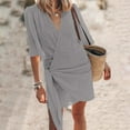 thumbnail image 2 of GYUJNB Robe en Lin pour Femmes pour l'Été Décontractée Col en V Manches 3/4 Robe Courte Plage Froncée Ceinture Vacances Mini Robe, 2 of 5