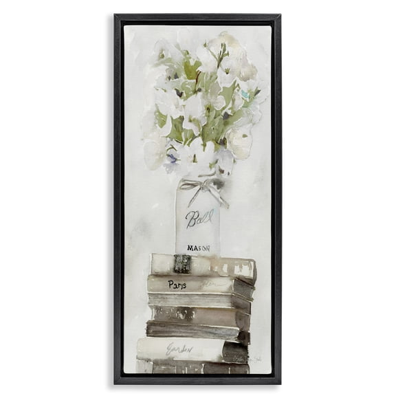 Stupell Industries Shabby Chic White Florals on Distressed Books Black Floating Frame Canvas Art, 11 x 25, by Stellar Design Studio