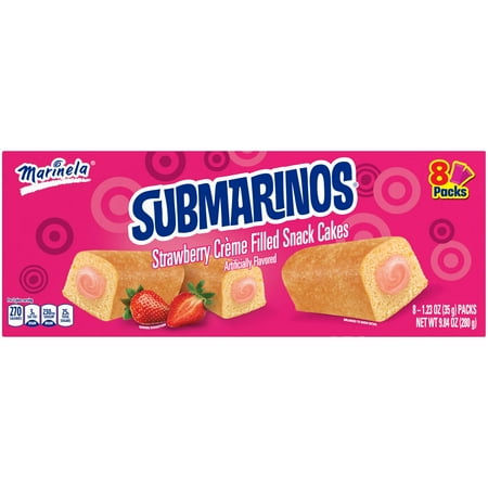 Marinela Submarinos Fresa, Strawberry Crème Filled Snack Cakes, 8 count (Pack of 2)