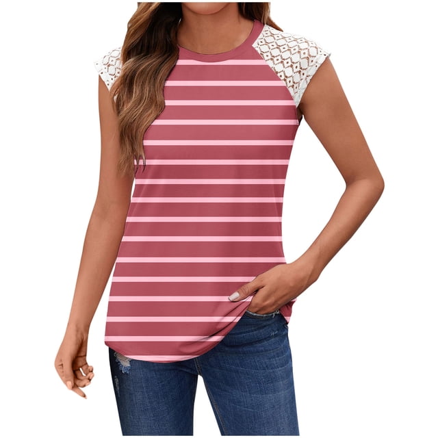fatyb Débardeurs Rayés Femmes Dentelle Sans Manches T-Shirts Col Rond Tunique Décontractée Blouses d'Été Amples