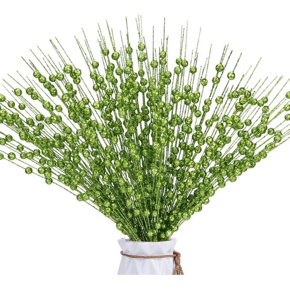 10Pcs Artificial Glitter Berry Stem Decorations Bead Sticks Pick Halloween Christmas Ornaments Glittery Twigs for Christmas Tree Xmas Wreath Vase Filler Home Decor (Green)
