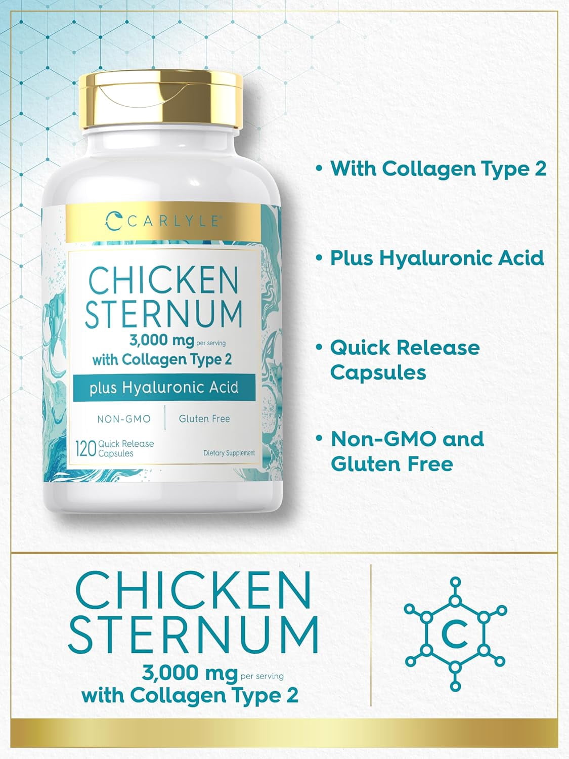 Chicken Sternum Cartilage Collagen | Type II 3000mg | 120 Capsules | by Carlyle