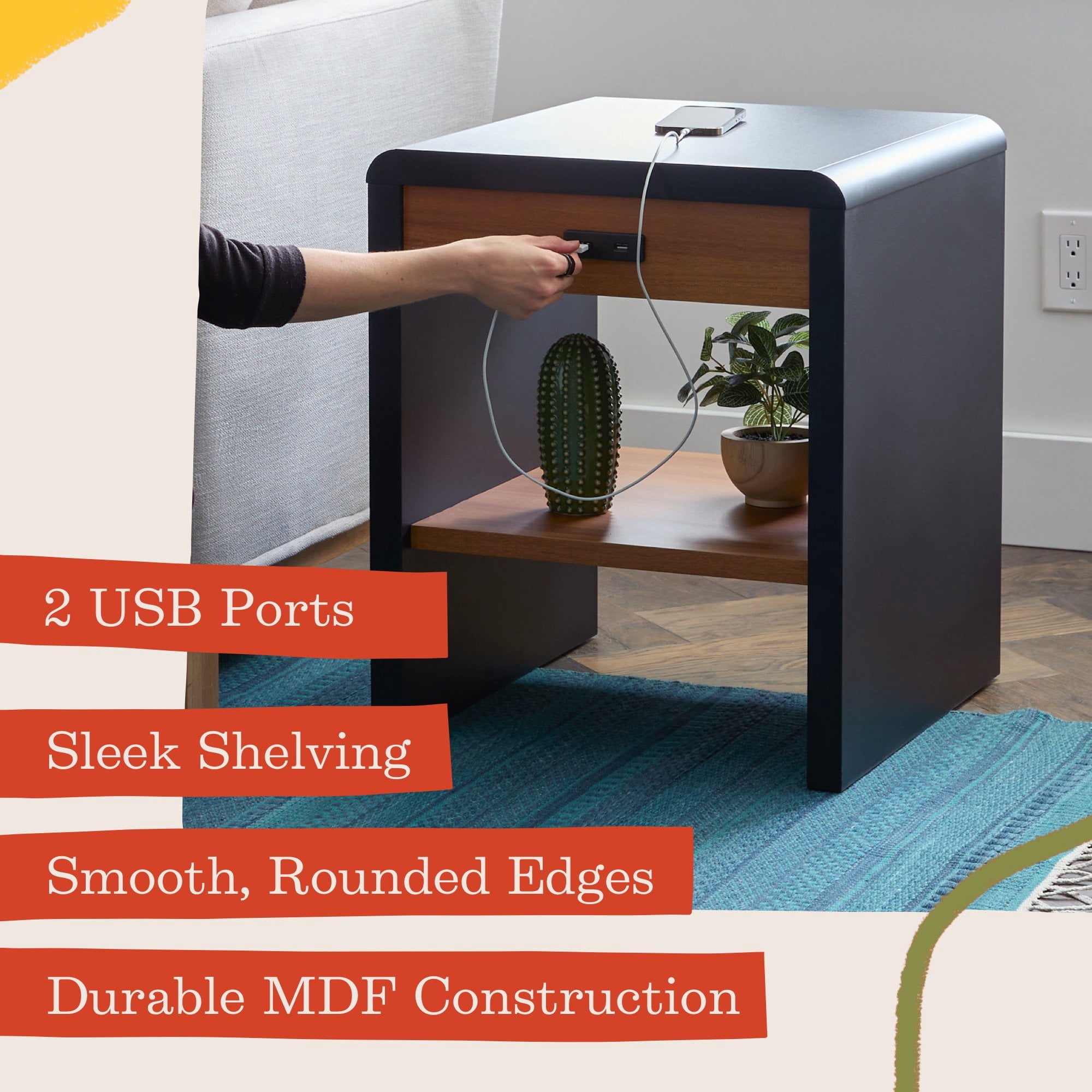 Mayview Gatsby Rounded Living Room Corner with USB End Table, Black & Oak