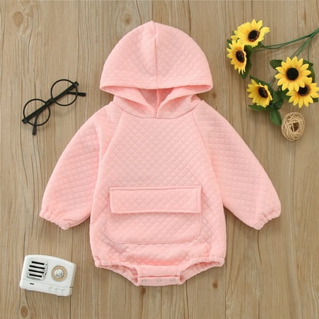 

Babys Girls Boys Solid Spring Winter Long Sleeve Hooded Pocket Romper Bodysuit Clothes Pink 100