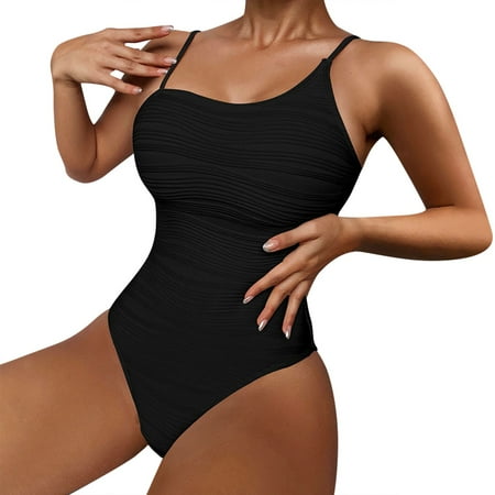 Rigardu Hot Sale!! Women s One Piece Bathing Suit One Shoulder Swimsuit Cutout Swimwear Women s Solid Color Textured Belly Skinny Swimsuit Black Xl