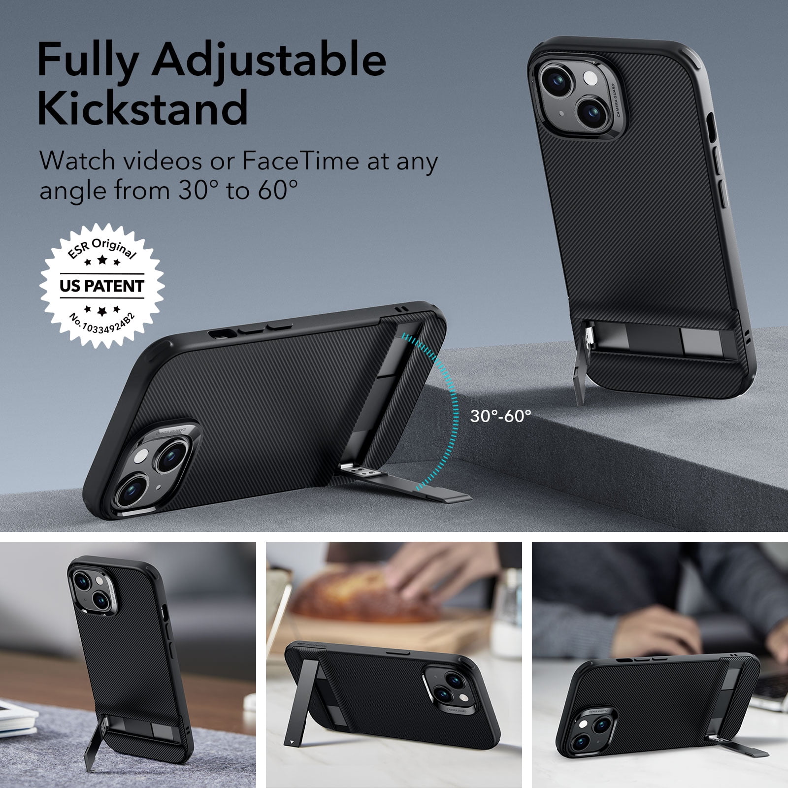 ESR Metal Kickstand Case for iPhone 15 Case 2023, Patented Two-Way Stand Reinforced Drop Protection Slim Flexible Back Cover, Black