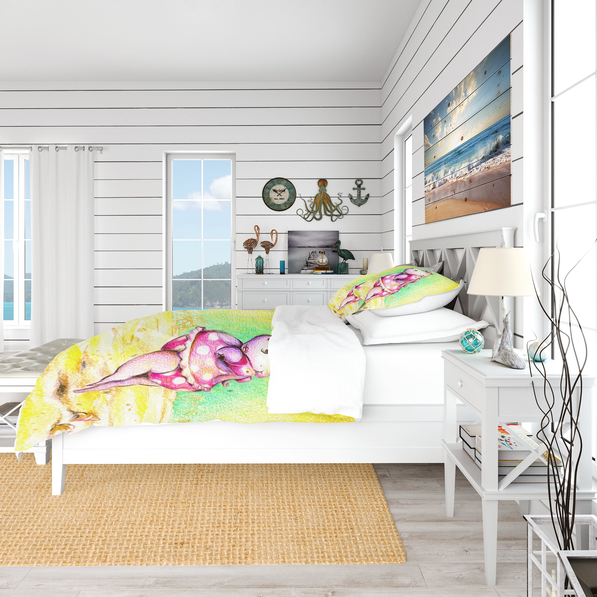 Designart 'Cute Hippo Goes Swimming' Tropical Duvet Cover Set