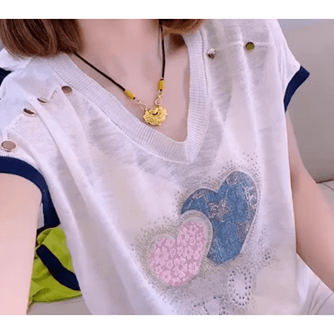 Ice silk knit short-sleeved V-neck T-shirt women's summer loose fashion small shirt tops