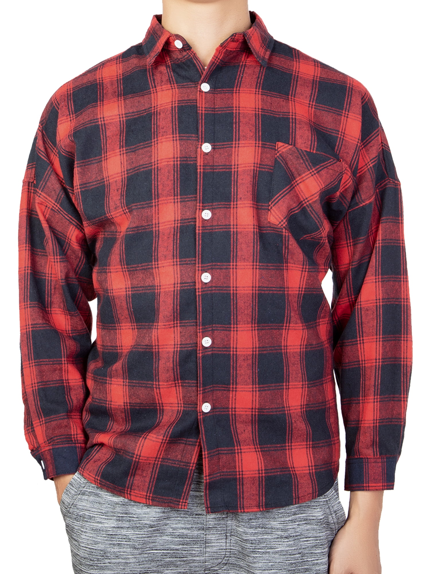 Men Slim-Fit Long-Sleeve Button-Down Flannel Plaid Shirt 