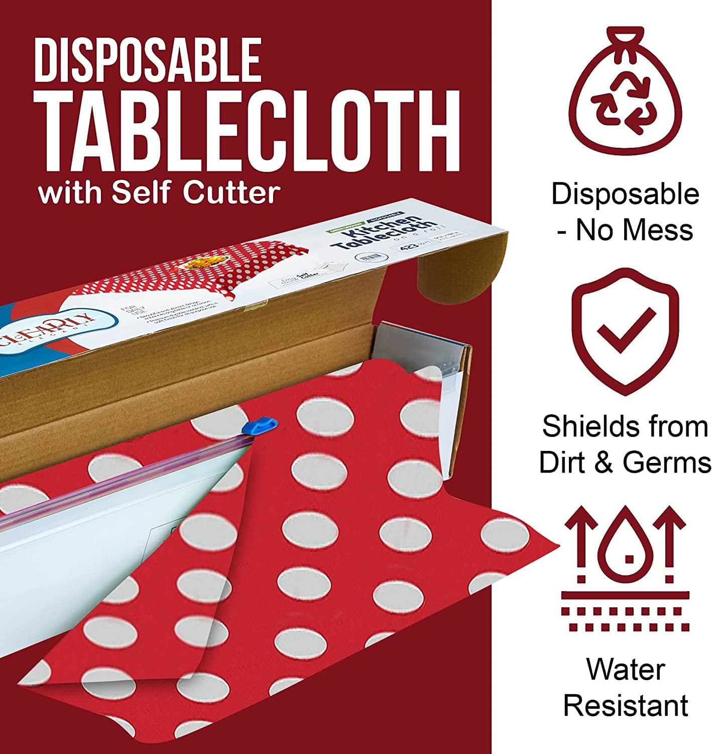 RED with White Polka Dot Plastic Disposable Tablecloth Roll - Rectangle Table Covering Roll for Birthday Party, Baby Shower, Mickey Minnie Theme, Holiday Decor, Wedding [Fits10-12 Tables]