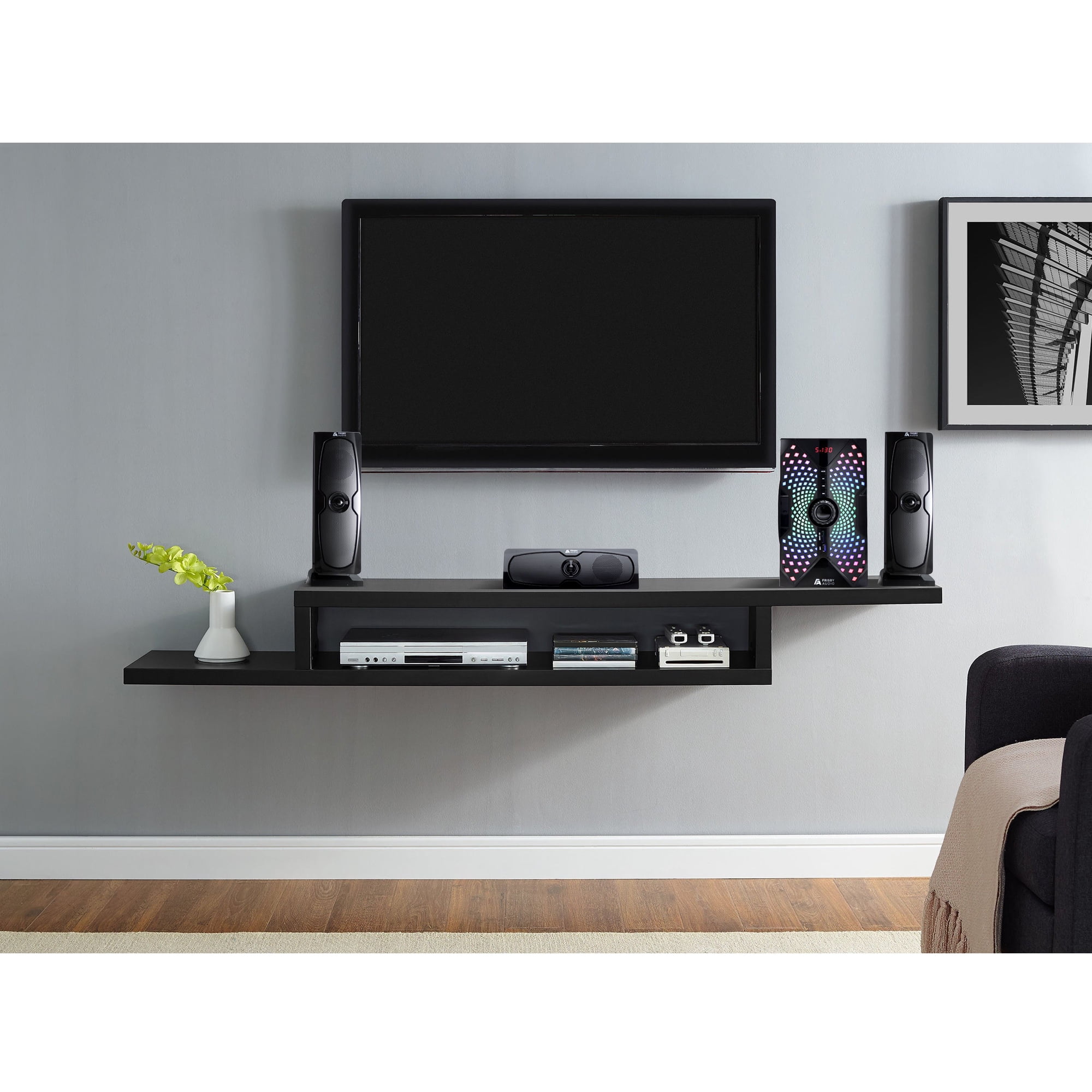Frisby Audio 125 Watt Home Theater 5.1 Surround Sound Speaker System with Subwoofer, Bluetooth Wireless Streaming from Devices & Media Reader, RGB LED Pulse Lighting, Digital Optical Input – Black