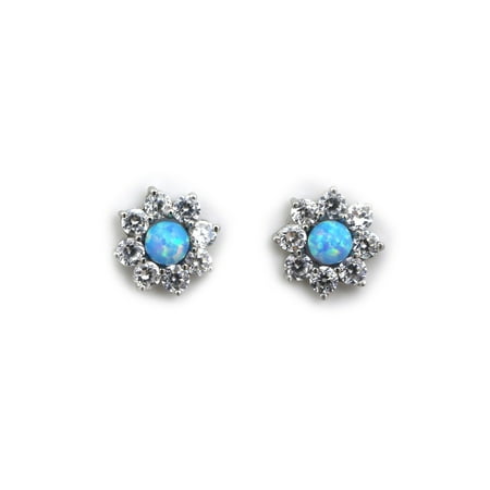 - 14k Yellow or White Gold Light Blue Simulated Opal Stud Earrings with CZ Halo Earring Jackets