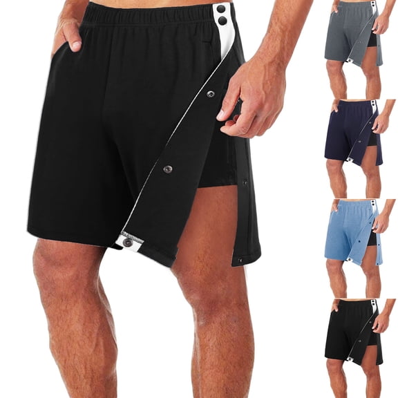 Domuza Men's Tear Away Snap Shorts, Loose Wide Leg Adaptive Clothing with Pockets, Fully Open Side Easy Wear Post Surgery Recovery Shorts Black L