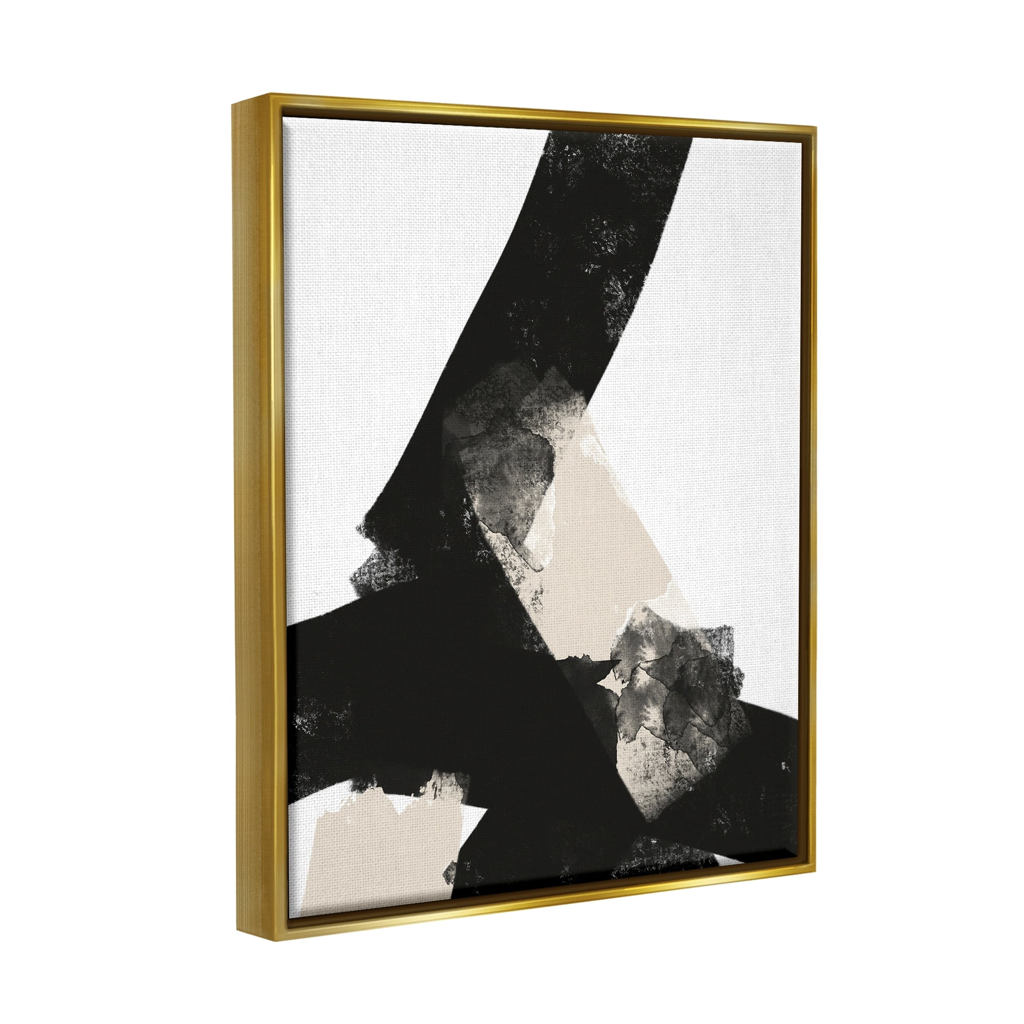 Stupell Industries Bold Black Shapes Curved Stripe Abstract Painting Graphic Art Metallic Gold Floating Framed Canvas Print Wall Art, Design by Brandon Wong