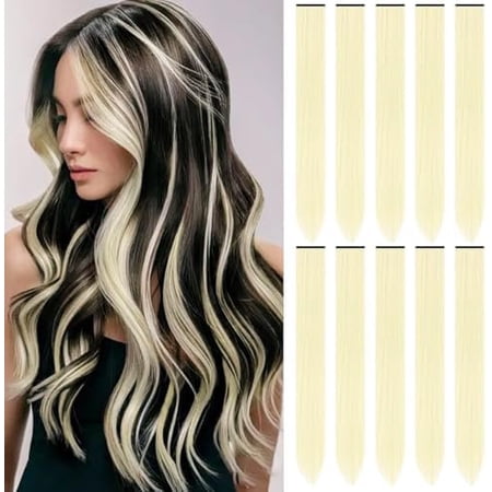 22 inch Colored Hair Extensions Multi-colors Party Highlights Clip in Synthetic Hair Extensions Color Party Highlights Hairpieces for Girls Women(10 PCS Blonde)