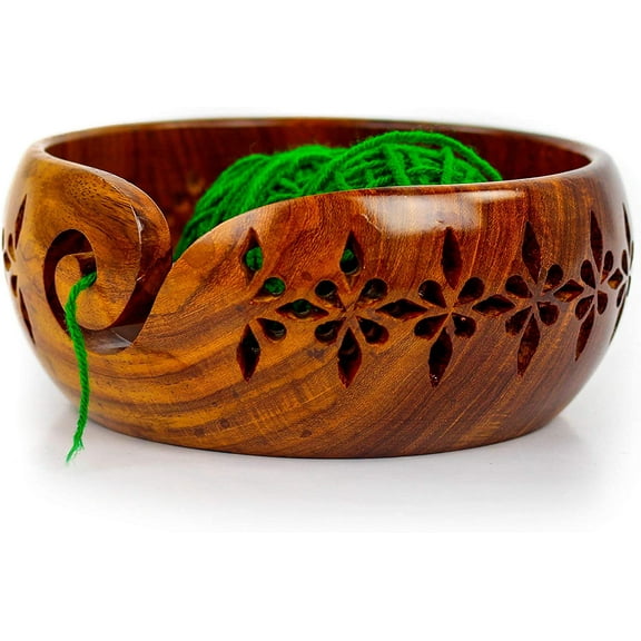 Premium Rosewood Storage Bowl for Yarn Balls & Skeins with Decorative Carved Drills & Drops & Candy Knitting Needles | Knitting & Crochet Notions | Nagina International (Medium)