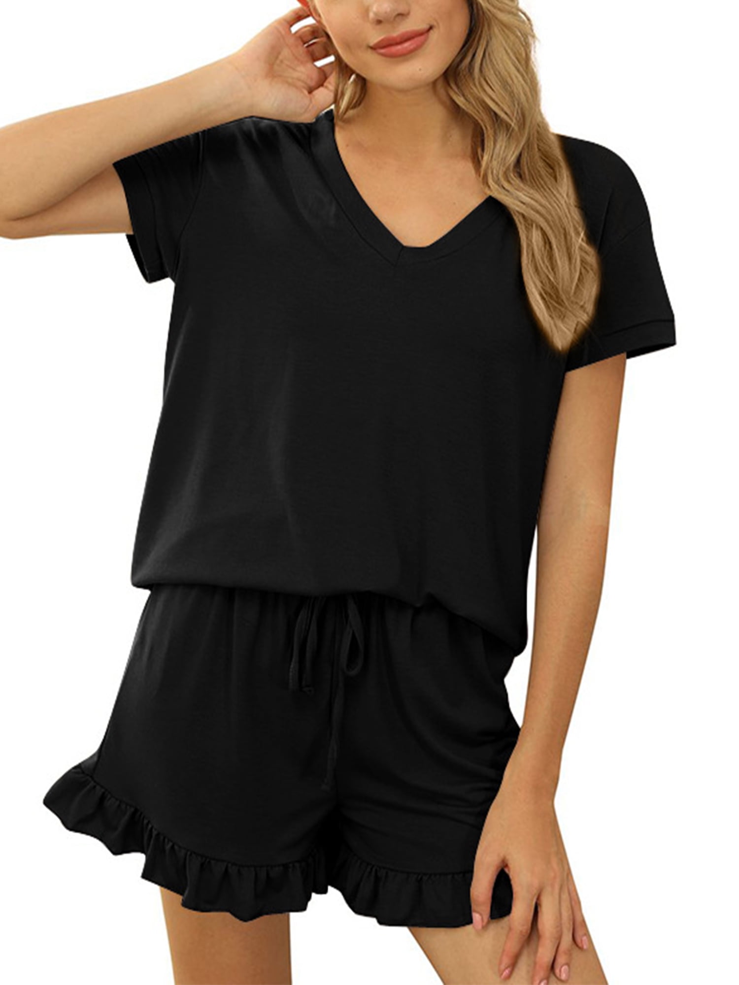 Ensemble de Pyjama pour Femmes, Vêtements de Nuit, Col en V, Manches Courtes avec Shorts à Volants