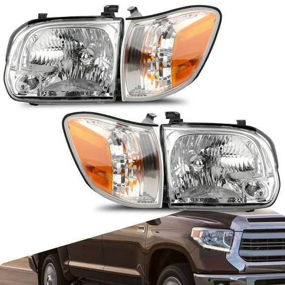 SCITOO Headlight Assembly Fit For 2005 2006 2007 Toyota Sequoia,For 2005 2006 Toyota Tundra Headlamp in Chrome Housing Amber Reflector Clear Lens