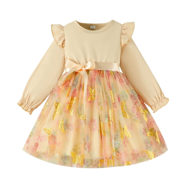 DuoJiaJ Robe à Manches Longues pour Tout-Petits Filles à Imprimés Fête Danse Robe pour Enfants Taille 3-4 Ans