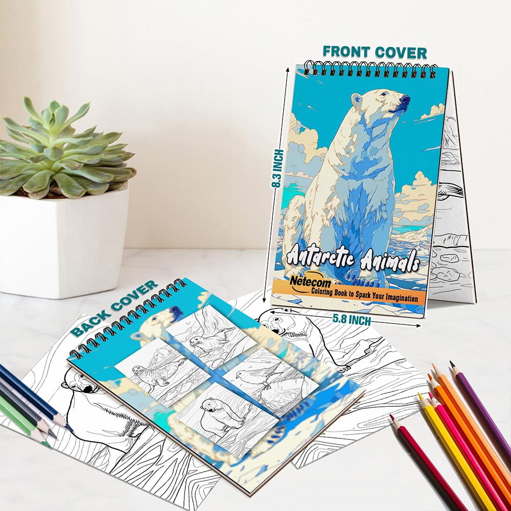 Netecom Antarctic Animals Coloring Book for Adults, A5 Wooden Cover, 30 Beautiful Nature Coloring Pages of Antarctic Wildlife for Stress Relief and Relaxation, Spiral Bound Edition