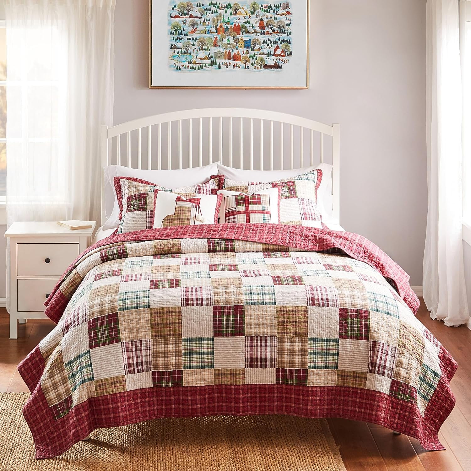Greenland Home Fashions Oxford Cotton Quilt Set, Reversibe, 3-Piece Full/Queen, Red