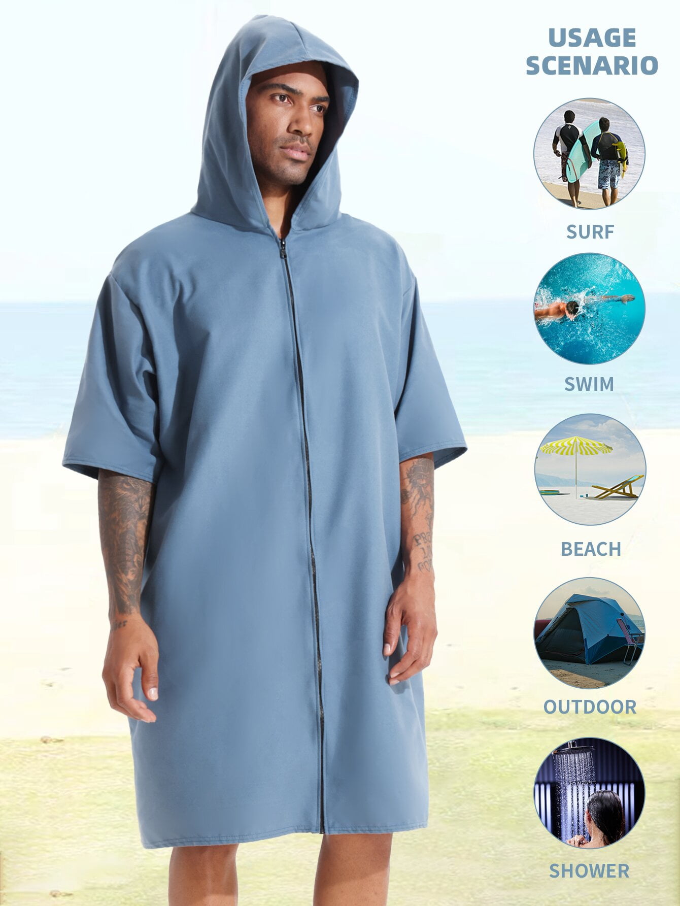 PISIQI Surfing cape changing robe with hood absorbent quick drying microfibre wetsuit zip towel suitable for beach surfing men women