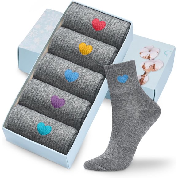Corlap Women's Cute Cotton Crew Athletic Running Socks - Ankle High, Novelty Fun Heart Design 5-Pairs (Gift Box)