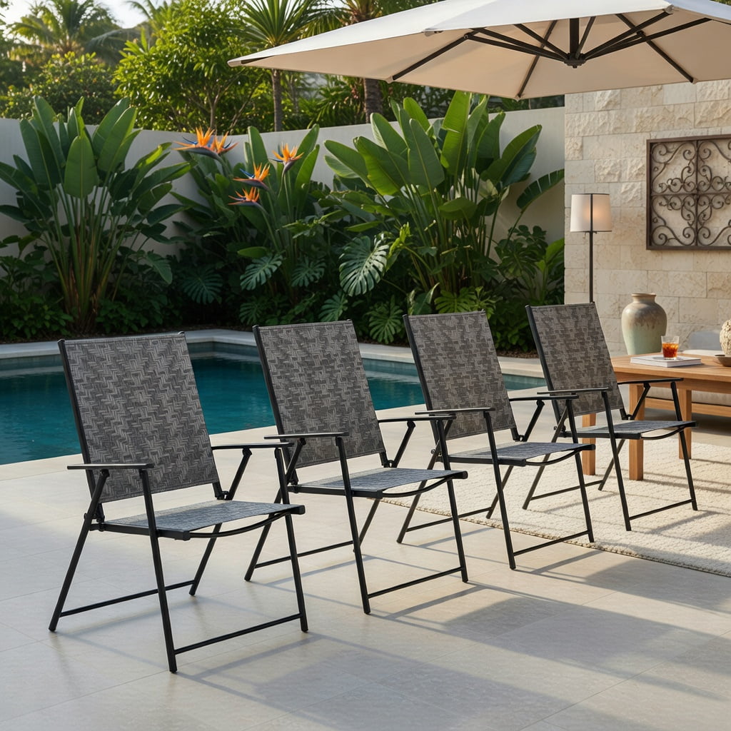 Hommoo 4-Pack Folding Patio Chairs with Armrests, Heavy-Duty PE Rattan & Steel Frame, Rust-Resistant Outdoor Lawn Chairs for Backyard, Garden, Poolside, Gray