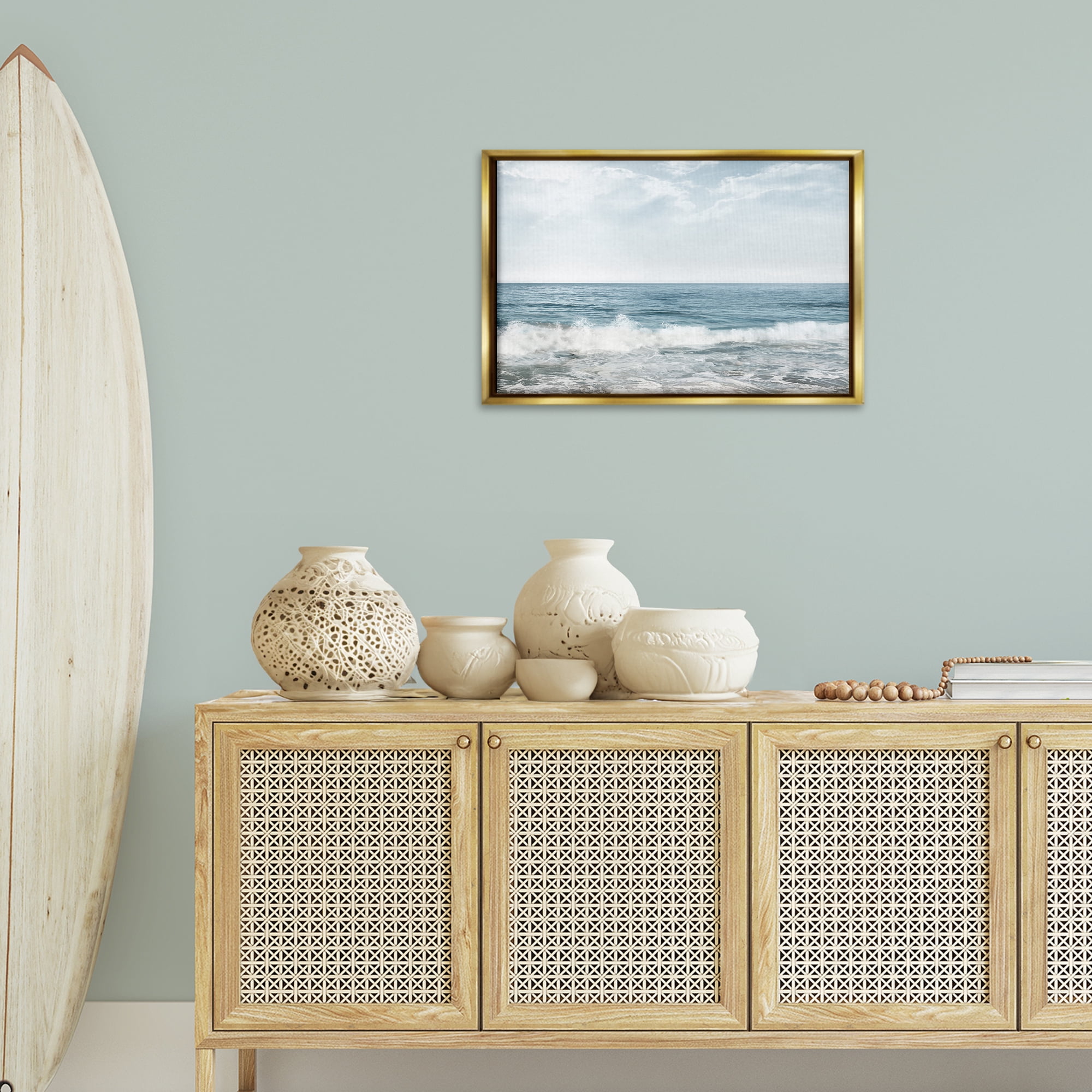 Stupell Industries Splashing Waves Beach Landscape Photography Gold Floater Framed Canvas Art Print Wall Art, 25 x 17