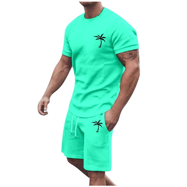 Conjunto de Sudadores de Hombres Impresión Casual Deportes de Manga Corta Cuello Redondo, Traje de Deporte de 2 Piezas con Pantalones de Corredores de Cintura Elástica