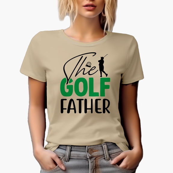 The Golf Father Pun with a Ball on Grass & Swinging Golf Player, Golfing or Golfer Themed Merch Gift, Tan T-Shirt, S