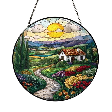 Irish Countryside Homestead Acrylic Stained Glass Style Suncatcher Window Hanging Rustic Farmhouse Landscape Art Decor Cozy Cottage Green Meadow Ornament Gift