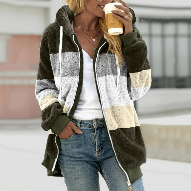 Meichang Womens Sherpa Fleece Lined Hoodie Jackets Zip Up Warm Winter Fluffy Fleece Coat Color Block Thermal Sweatshirt Outerwear