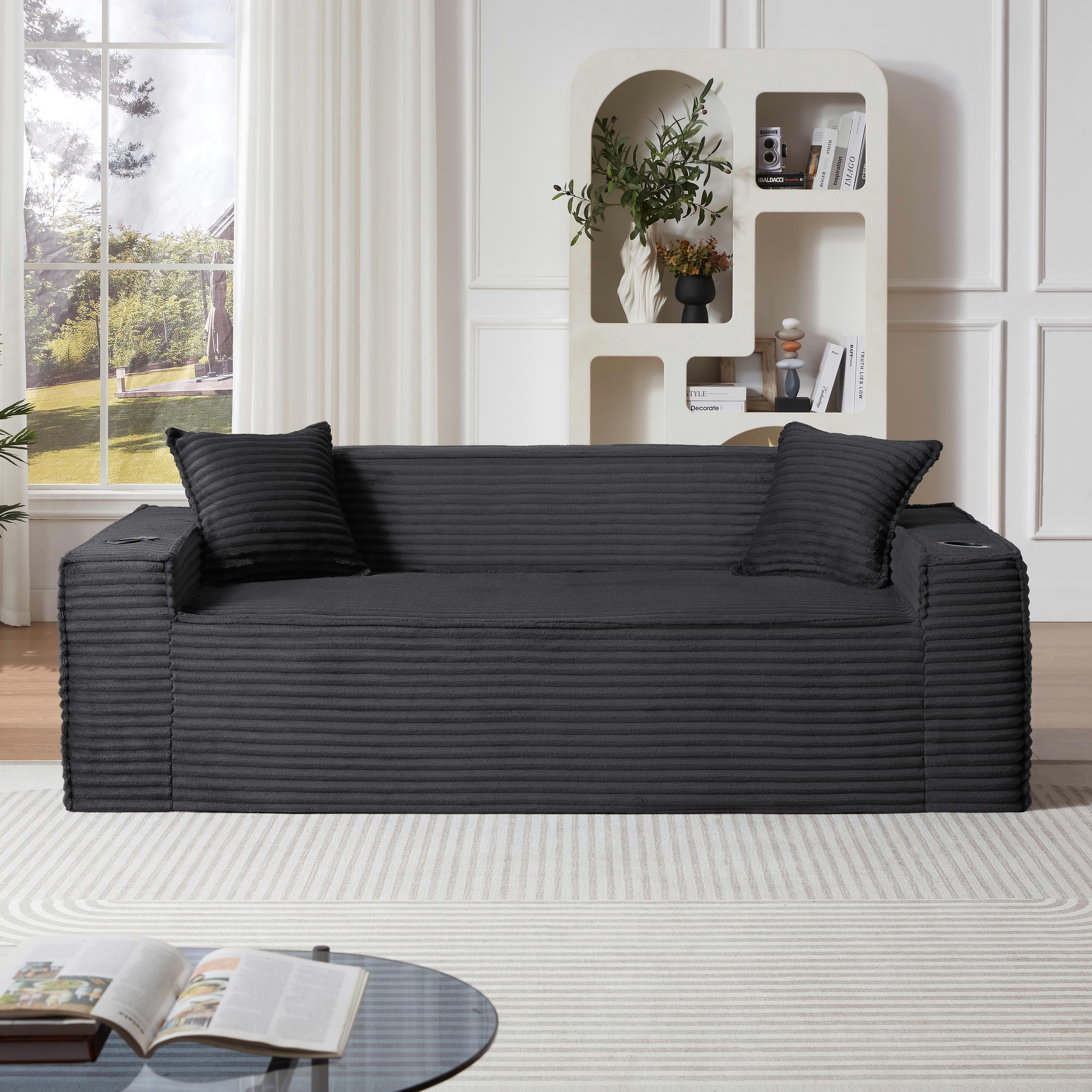MAYEERTY Modern Minimalist Corduroy Couch with Side Pockets & Cup Holders, Space-saving for Apartments/Offices, Gray