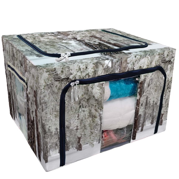 PKQWTM Winter forest with snow on trees Storage Bag Clear Window Storage Bins Boxes Large Capacity Foldable Stackable Organizer With Steel Metal Frame For Bedding,Clothes,Closets, Bedrooms