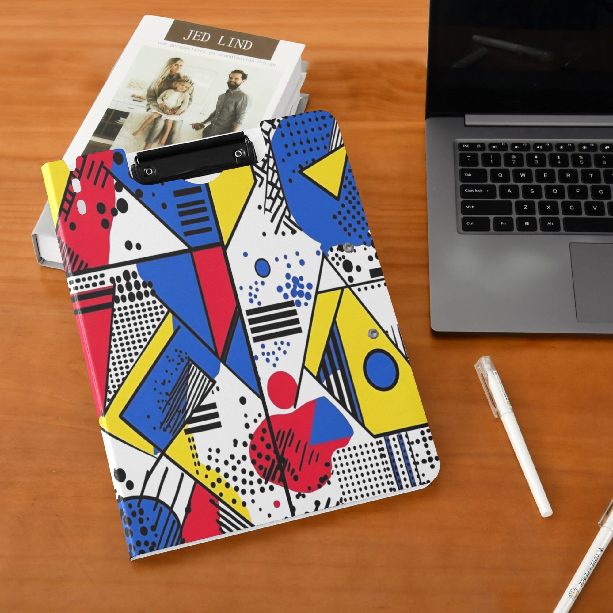 FORMRS A4 Clipboard Folder with Pen Holder Horizontal Foldable School Office Binder, Yelllow Simple Shapes