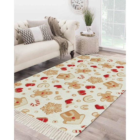 Christmas Area Rug 3x5ft Woven Runner Rug,Gingerbread Merry Xmas Snowflakes Holiday Washable Living Room Hallway Bedroom Kitchen Carpet with Tassels,Indoor Outdoor Throw Door Mat for Entryway