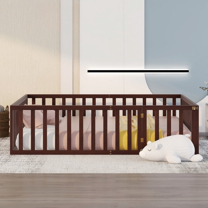 Queen Size Wood Floor Bed with Door & Fence, Montessori Bed Frame with Full Length Safety Guardrails, Wood Queen Bed with Slats, No Box Spring Needed-Walnut