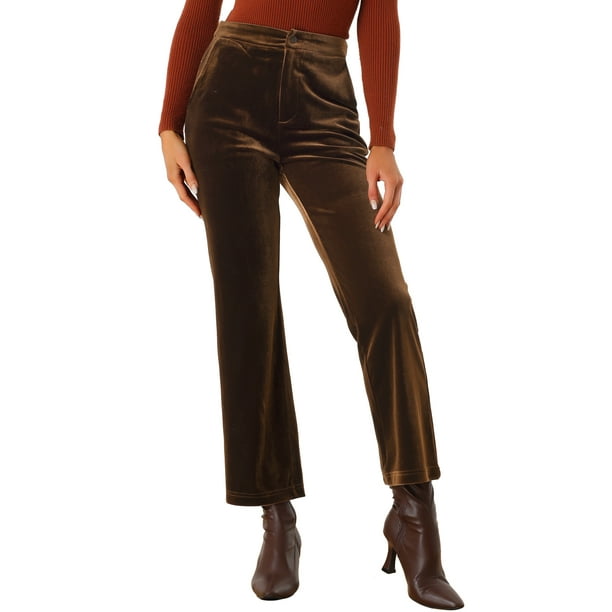 Pantalones de tobillo elegantes de terciopelo para mujer Inspire Chic, de cintura alta, con bolsillos, talla XS, color marrón