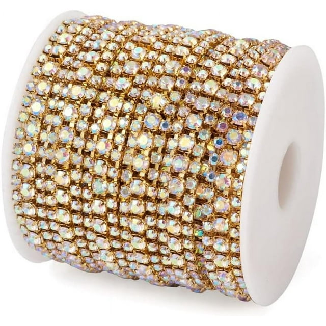 HAHDAXIA Fashewelry 1 Roll/4.8 Yards 3 Rows Crystal Rhinestone Close Chain 8.5mm Wide Strass AB Color Claw Cup Chain Trim with Gold Base for Sewing, Clothing, Wedding Cake, Wine Glass Decorat