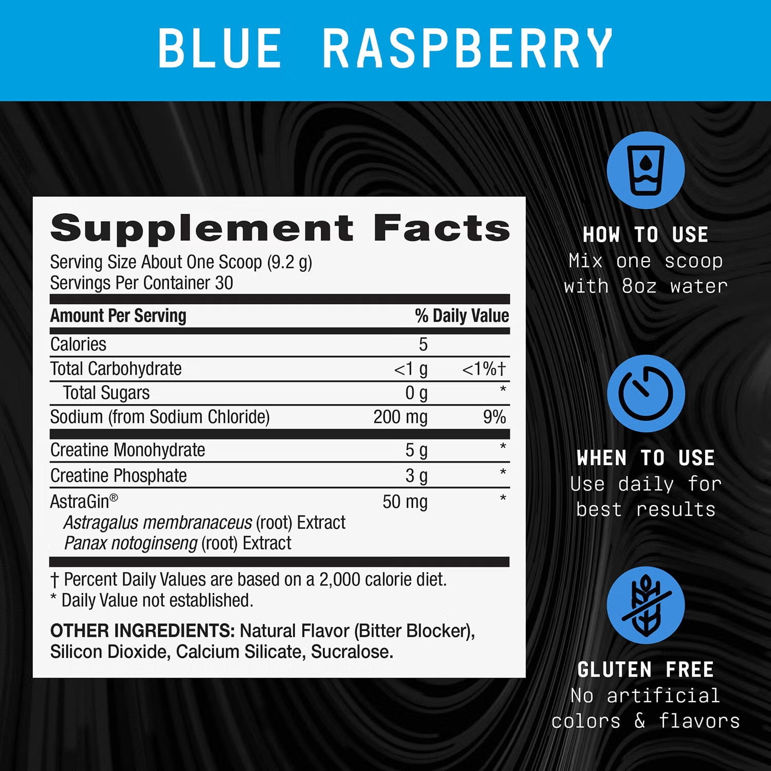 Beyond Raw Creatine Monophate - Duel-Powered with 5g of creatine monohydrate, 3g of creatine phosphate and 50mg of Atstragin, Blue Raspberry (30 Servings)