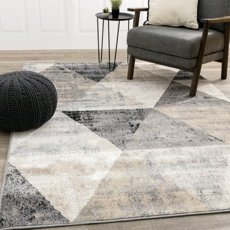 Covington Collection - Cream/Beige Distressed Triangles Rug 6 7   x 9 10   6  x 9  Living Room  Bedroom  Dining Room