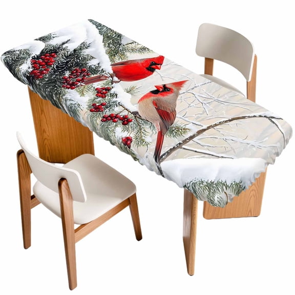 Christmas Red Birds Table Cloths for 8 Foot Rectangle Tables, Winter Holiday Pine Branches Snowflake Patio Waterproof Elastic Fitted Tablecloths, Washable Rectangular Table Cover for Camping