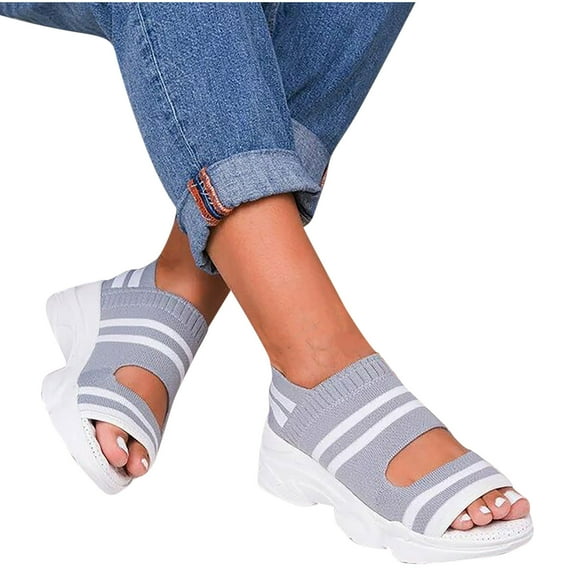 WIZUTIZ Wedge Sandals for Women Comfortable Sandals for Women Stretchy Dating Comfort Beach Sandals Pull-On Summer Shoes Low Heel (1"-2") Medium Solid Sandals Club Gray