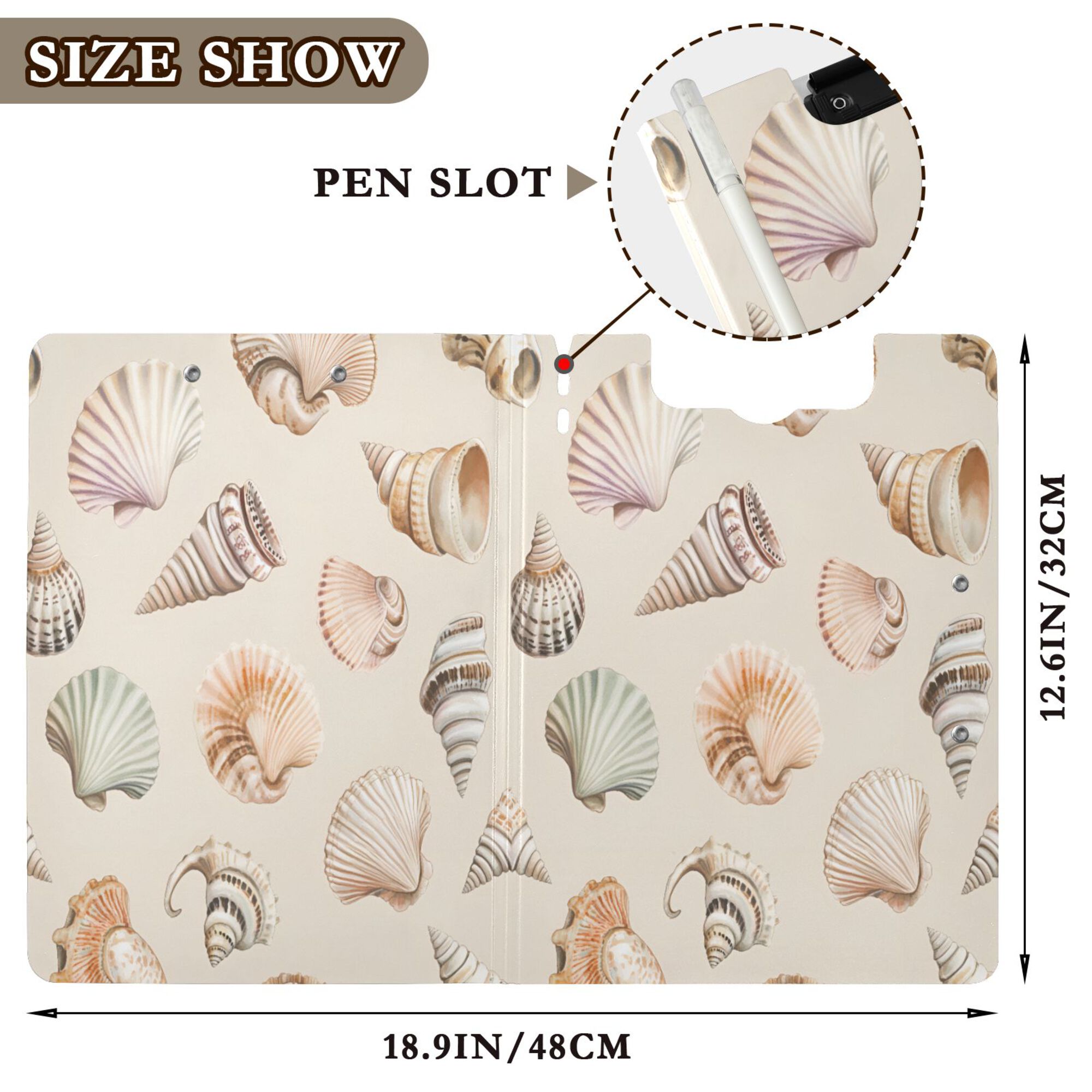FORMRS A4 Clipboard Folder with Pen Holder Horizontal Foldable School Office Binder, Green Watercolor Seashells