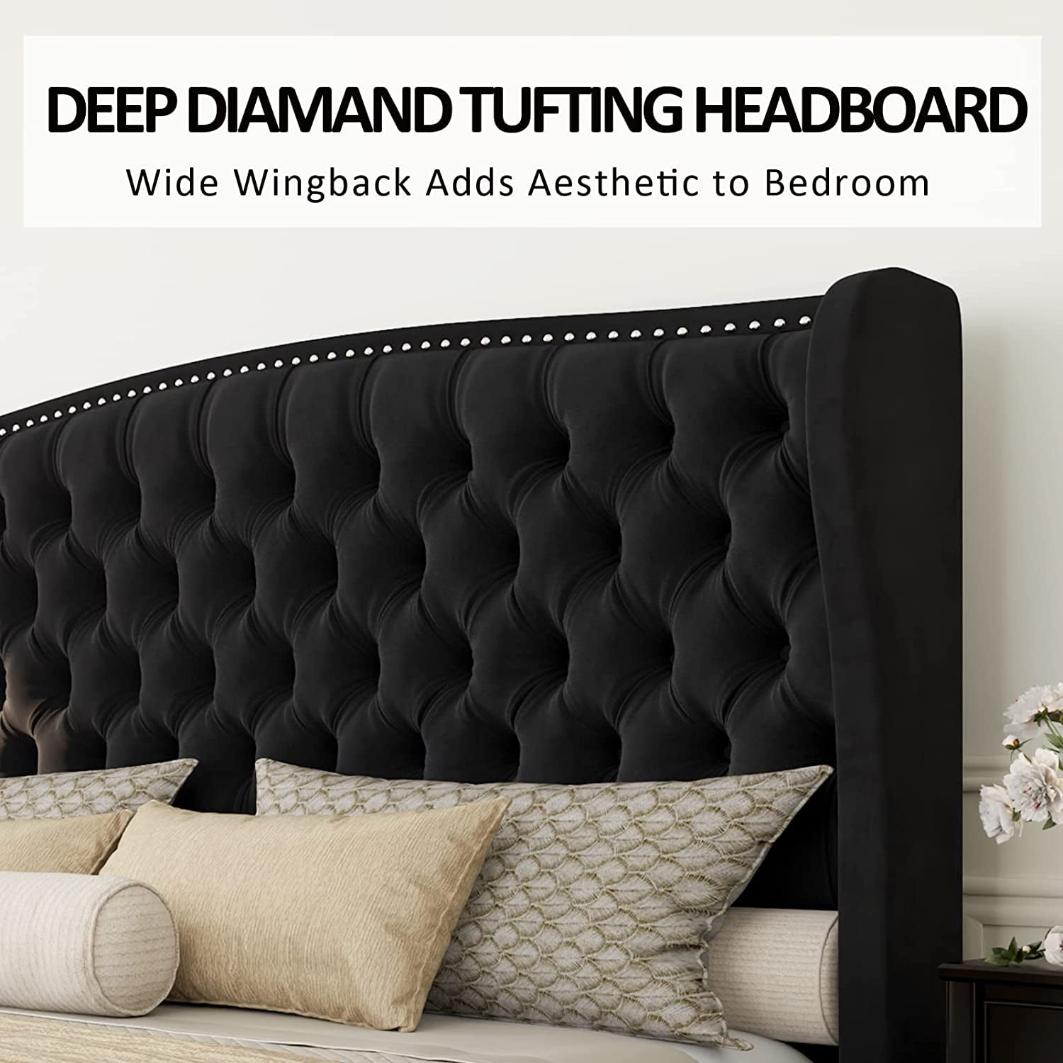 Amerlife Queen Bed Frame with Velvet Upholstery, Tufted Wingback Headboard and Nailhead Trim, Black