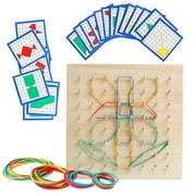Wooden Geoboard Montessori Toy, Educational Toys for Kids, Graphical Mathematical Pattern Blocks Geo Board, Brain Teaser STEM Puzzle Gift with Pattern Cards and Rubber Bands Create Figures Shape Game