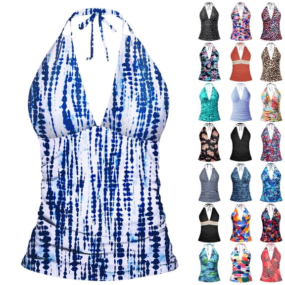 Halter V Neck Tankini Tops for Women Full Coverage Swimsuits Bikini Tops Bathing Suit Plus Size Blue Swimwear No Bottoms XXL